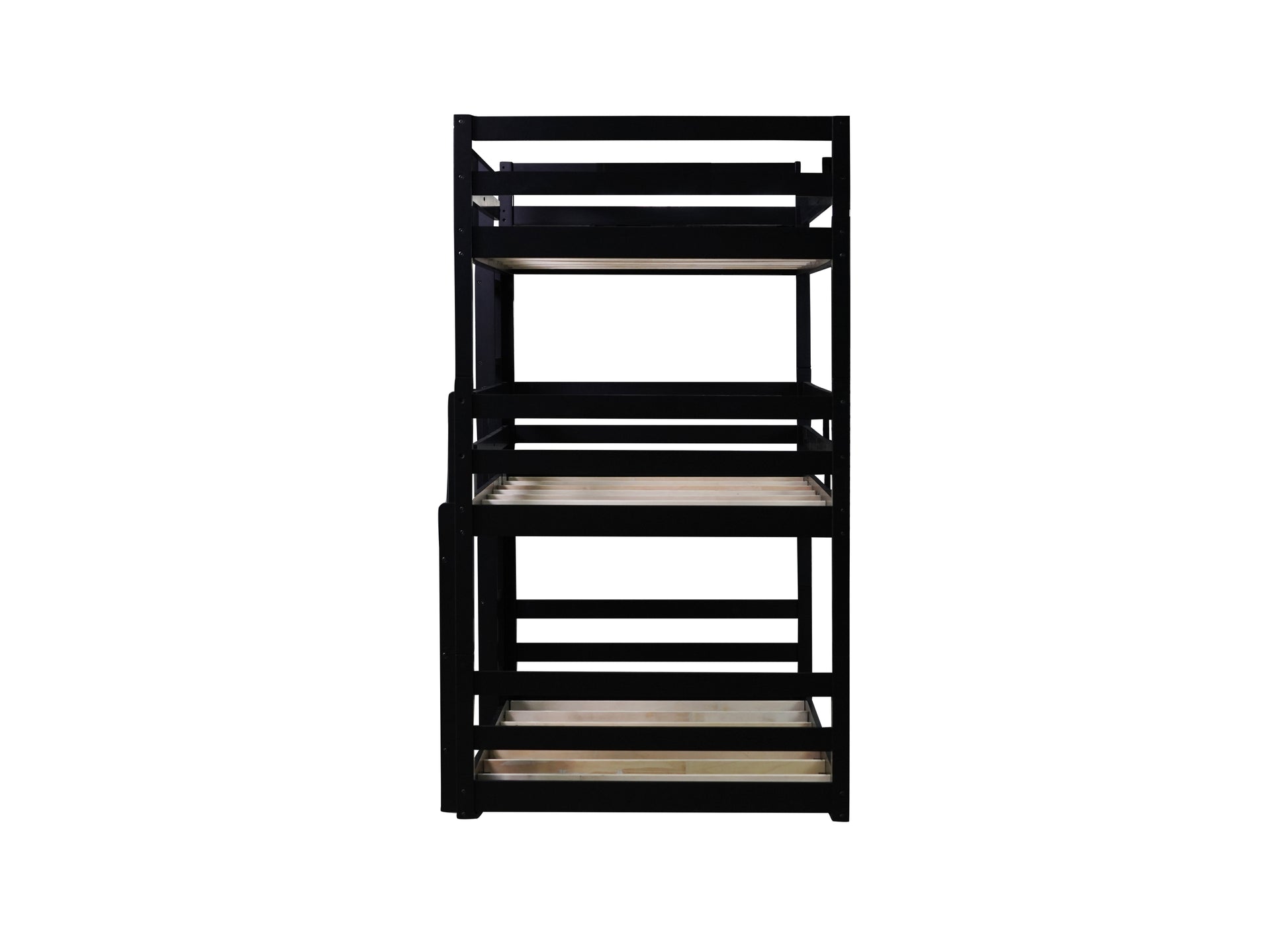 Triple Rubber Wood Bunk Bed With Two Built In Ladders, Guardrails, Twin Over Twin Over Twin, Detachable Triple Twin Bunk Bed,Black Twin Black Bedroom American Design Bed Frame Rubber Wood