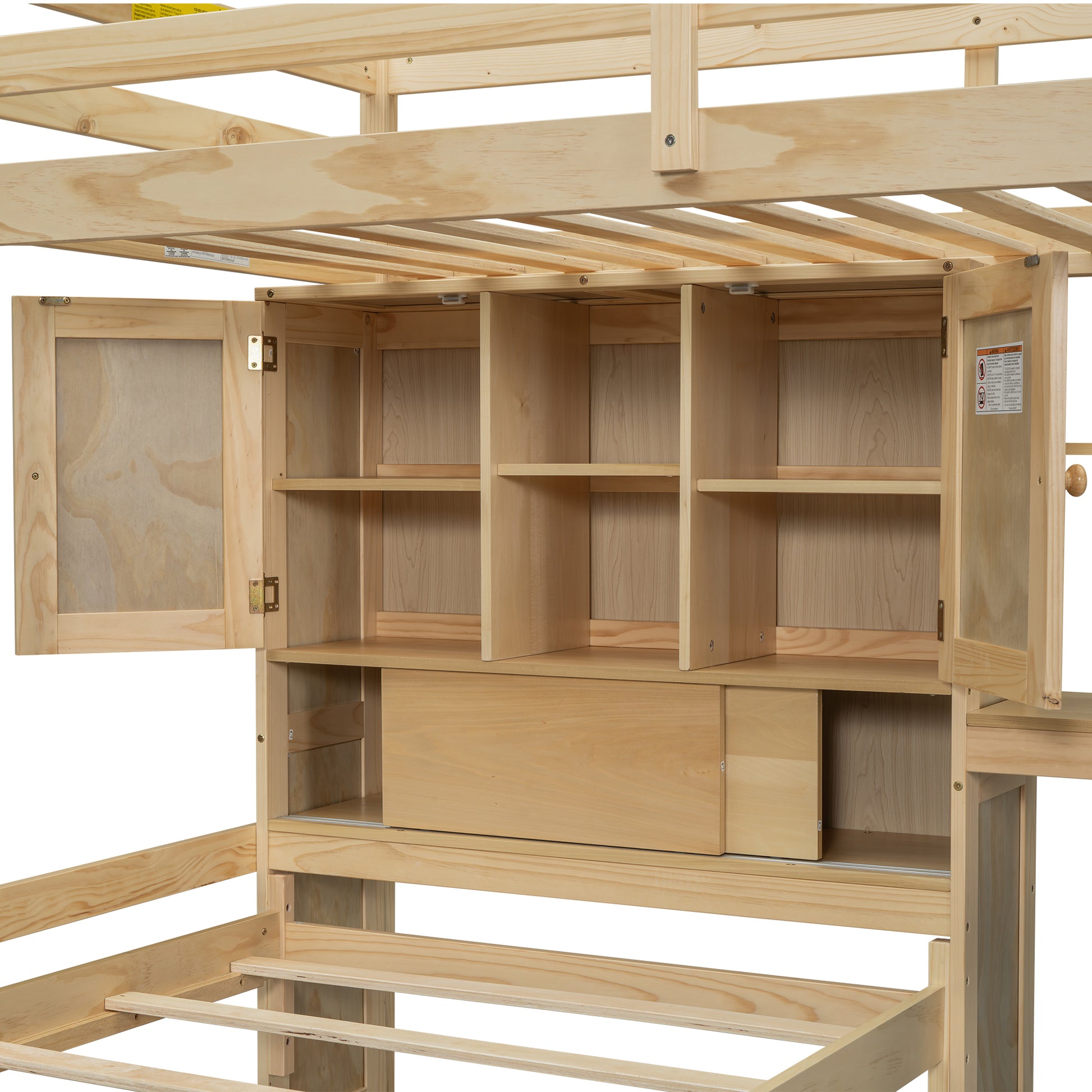 Twin Over Twin Loft Bed With Built In Desk And Staircase, With Storage Compartments And Shelves, Natural Twin Box Spring Not Required Natural Wood Pine