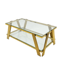 47" Wide Rectangle Modern Stainless Steel Coffee Table, Double Layer Clear Tempered Glass Coffee Table, Center Table With Storage, For Living Room Home Office, Easy Assembly, Gold Clear,Gold Modern