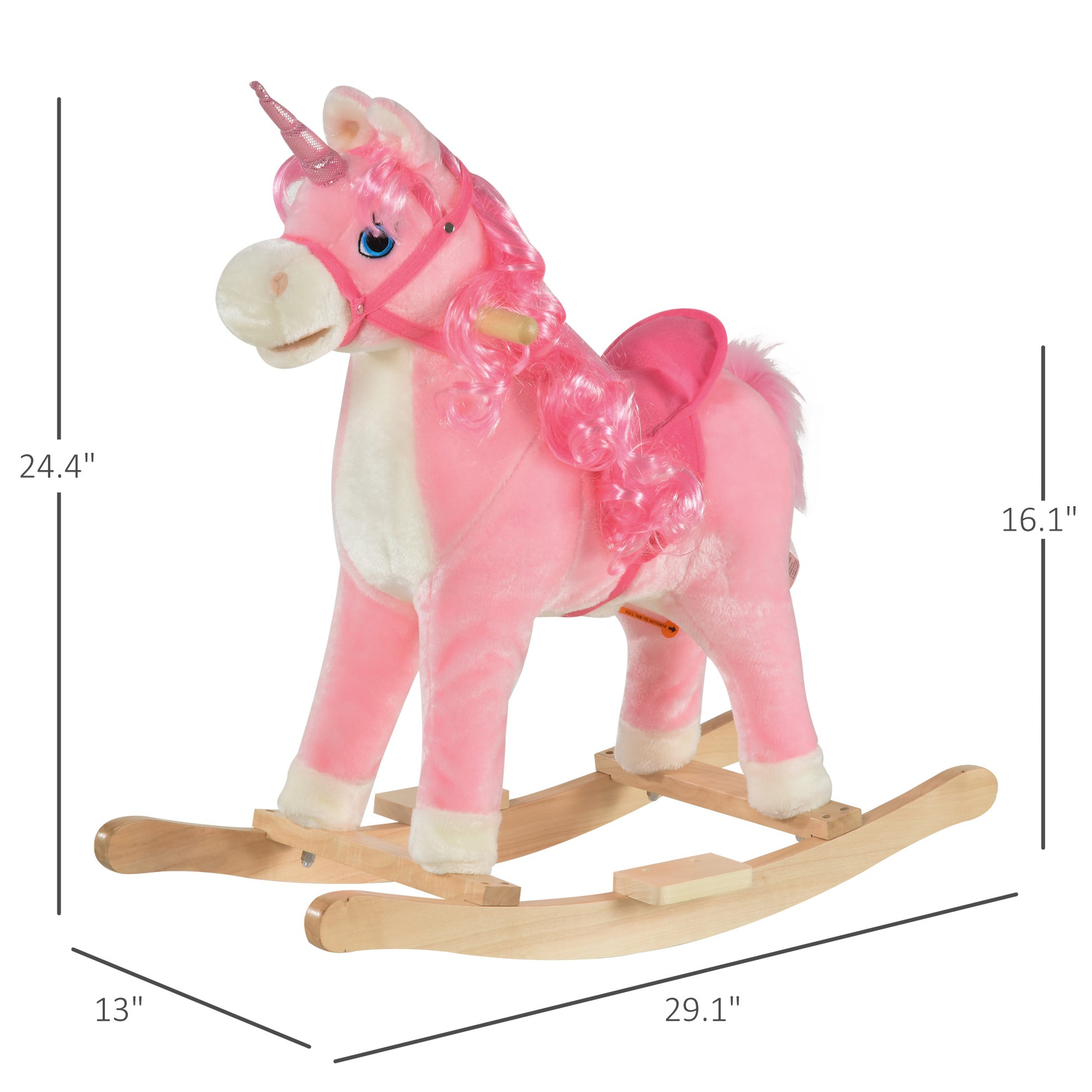 Qaba Rocking Horse, Kids Ride On Horse Unicorn Design With Wooden Base, Tail Wag & Sounds For Toddlers 3 6 Years Old, Pink Pink Plush