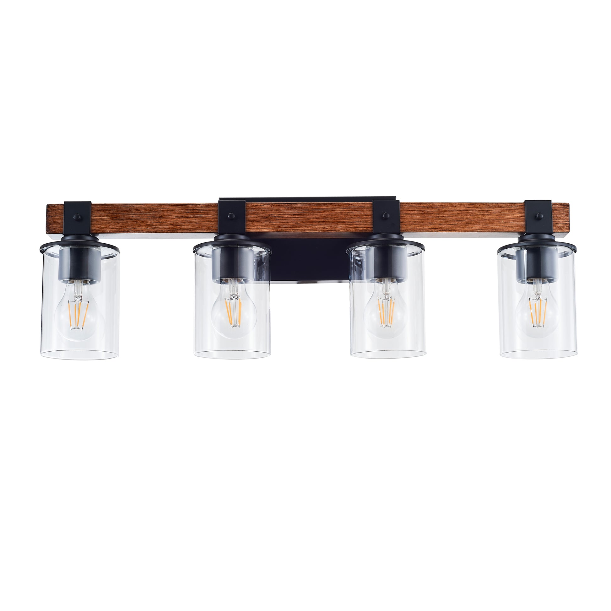 4 Light E26 Bulb Industrial Style Farmhouse Wall Lightrustic Wood Bathroom Vanity Lights With Clear Glass, Modern Iron Wall Sconce For Bedroom, Kitchen, Hallway Matte Black,Wood Modern Glass,Iron