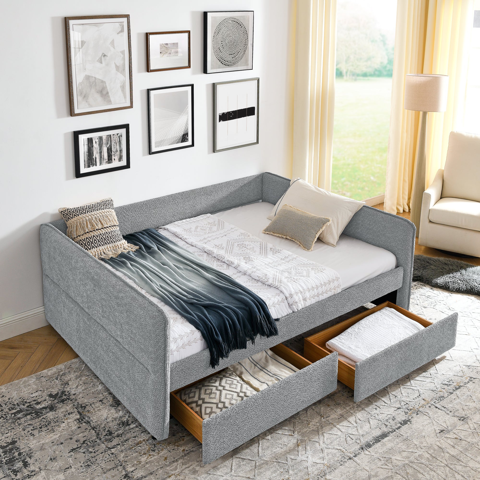 Daybed With Trundle Upholstered Tufted Sofa Bed, With Two Drawers, Queen Size, Boucle Fabric, Grey 88"X65.5"X29.5" Grey Boucle