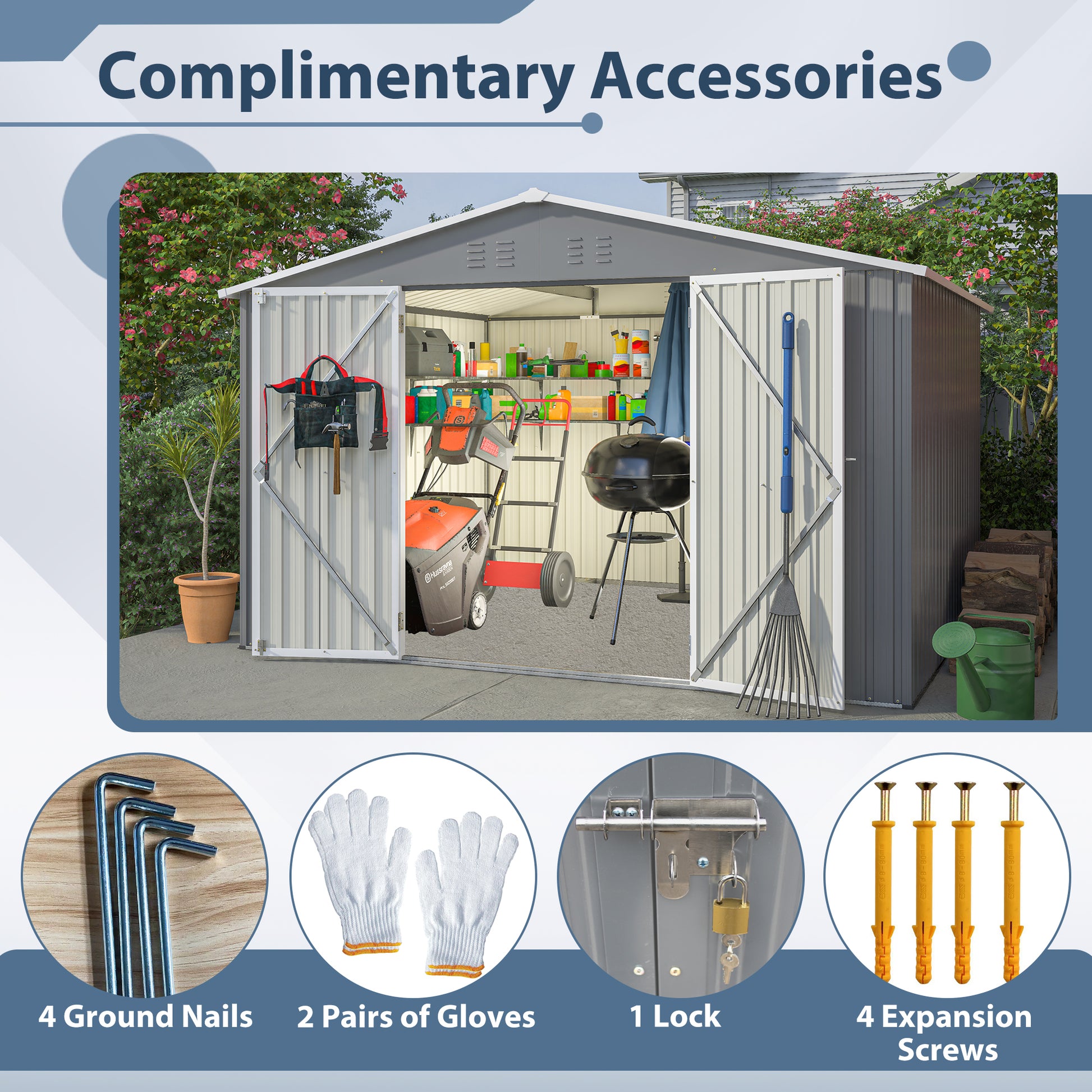 10X8 Ft Outdoor Storage Shed, All Weather Metal Sheds Withlockable Doors, Tool Shed For Garden, Patio, Backyard, Lawn, Grey Gray Metal