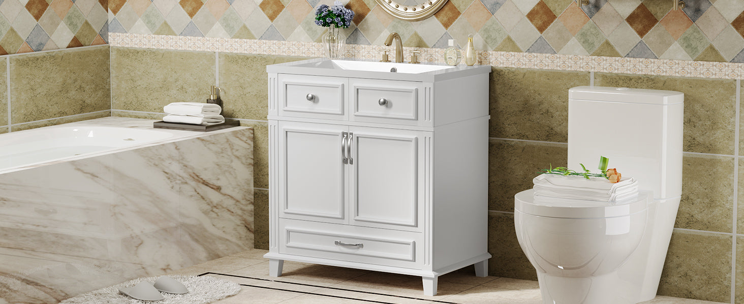 30'' Bathroom Vanity With Resin Sink, Solid Wood Frame Bathroom Storage Cabinet With Soft Closing Doors, Retro Style, White 1 White 2 Bathroom Freestanding Modern Solid Wood Mdf Resin Painted