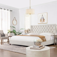 Manhattan Shelter King Platform Bed Frame, Light Beige Linen Box Spring Not Required King Beige Wood Foam Linen Linen