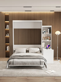 Queen Size Morden Deisgn Big Size Vertical Murphy Bed With Table And Shelf For Bedroom Or Guestroom White Wall Bed Space Saving Hidden Bed With Style Gas Struts Box Spring Not Required Queen White Metal Bedroom Murphy Plywood