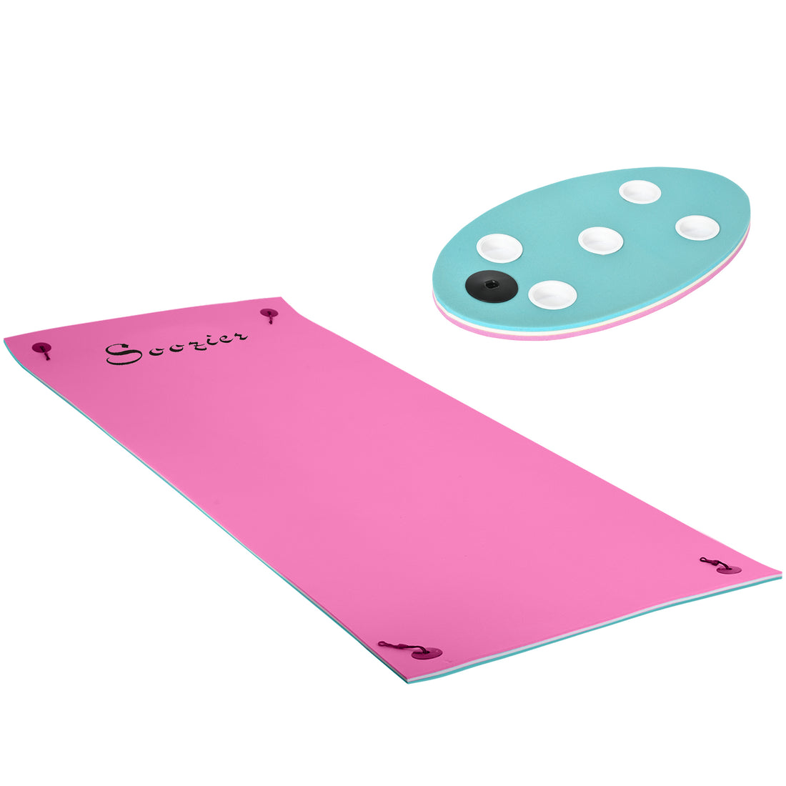 Soozier 12' X 5' Lily Pad Floating Mat With Cup Holder Table, 3 Layer Portable Roll Up Water Mat Float Dock For 2 3 People, On Lake, River, Beach, Swimming Pool, Pink Pink Plastic