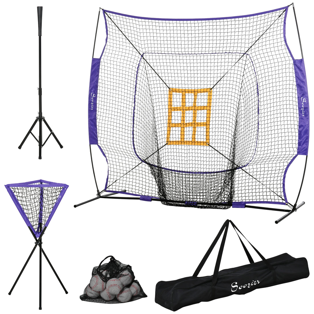 Soozier Baseball Practice Net Set With 7.5X7Ft Catcher Net, Ball Caddy And Batting Tee, Portable Baseball Practice Equipment With Carry Bag For Hitting, Pitching, Batting, Catching, Purple Purple Steel