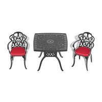 3 Piece Set Of Cast Aluminum Patio Furniture With Black Frame And Seat Cushions In Random Colors Yes Dining Set Black Red Seats 2 Rust Resistant Frame Water Resistant Cushion Garden & Outdoor Complete Patio Sets Aluminium