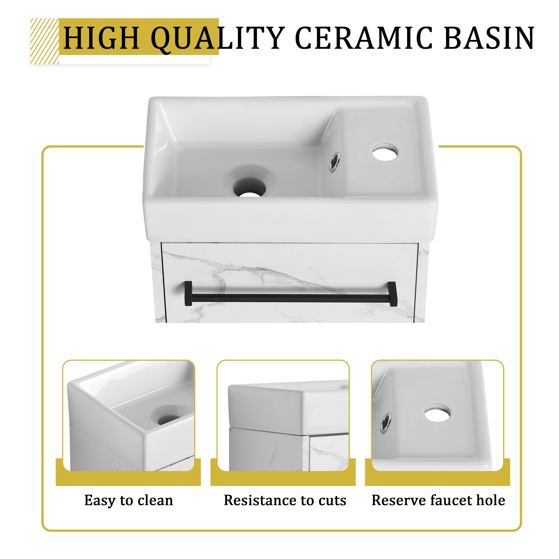 16'' Floating Wall Mounted Bathroom Vanity With Ceramic Sink & Soft Close Cabinet Door, For Small Bathroom White Bathroom Modern Plywood