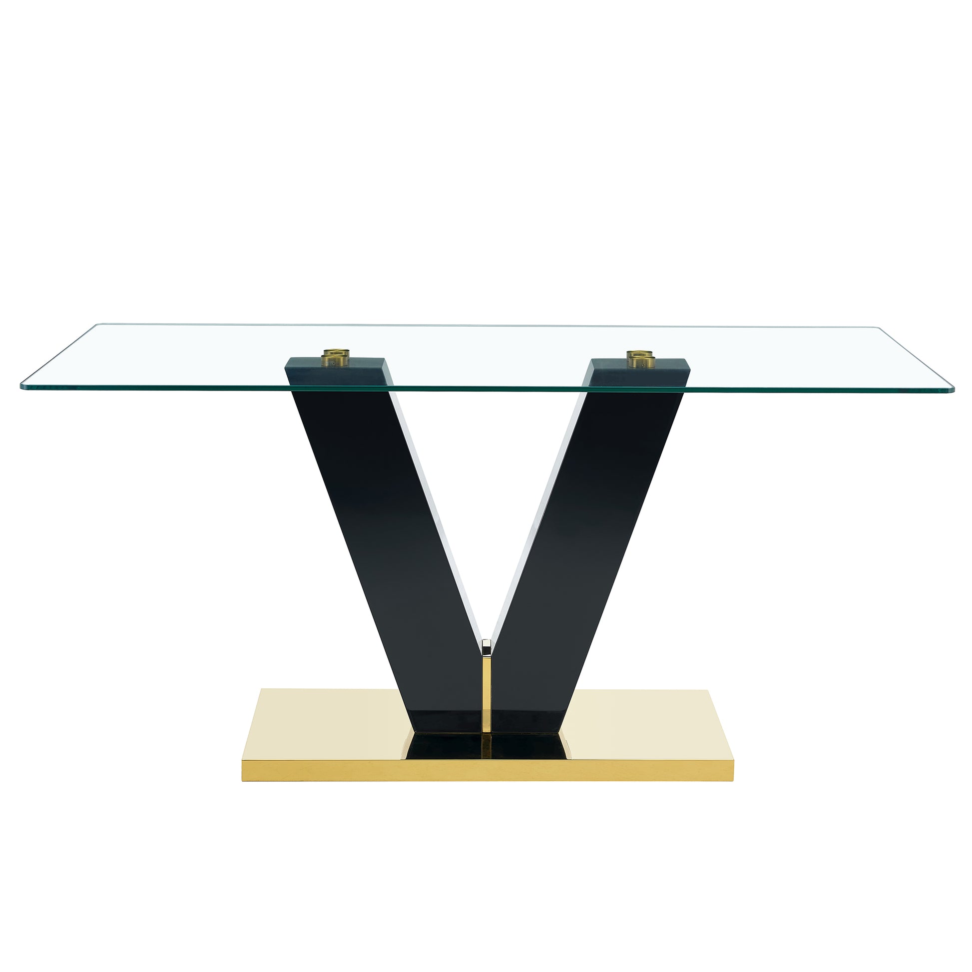 Large Modern Minimalist Rectangular Glass Dining Table For 6 8 With 0.4" Tempered Glass Tabletop And Mdf Slab V Shaped Bracket And Metal Base,For Kitchen Dining Living Meeting Room Banquet Hall F V Black Glass