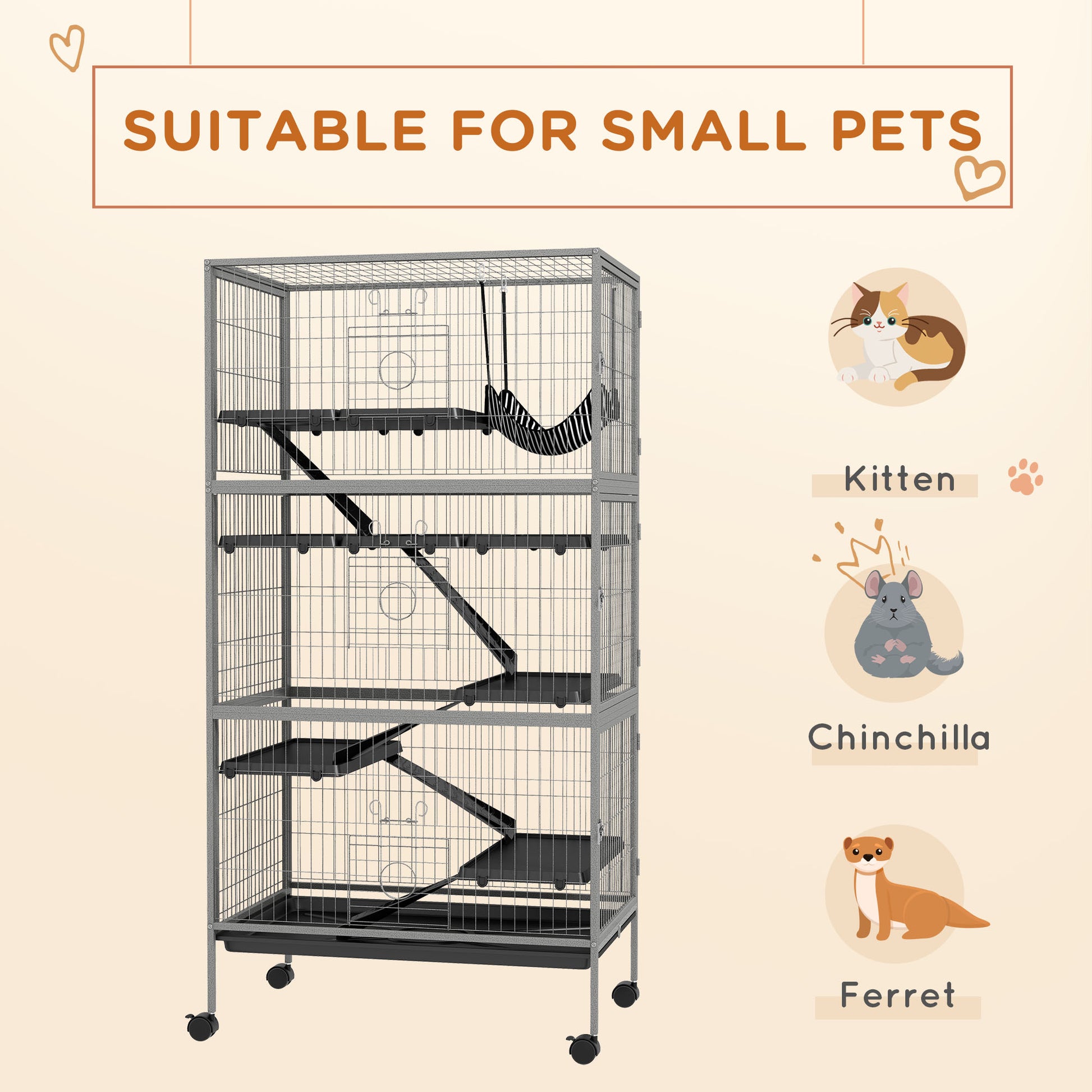 Pawhut 63" 6 Tier Small Animal Cage, Ferret Cage, Large Chinchilla Cage With Hammock Accessory & Heavy Duty Steel Wire, Small Animal Habitat With 6 Doors, Removable Tray, Gray Gray Iron Plastic