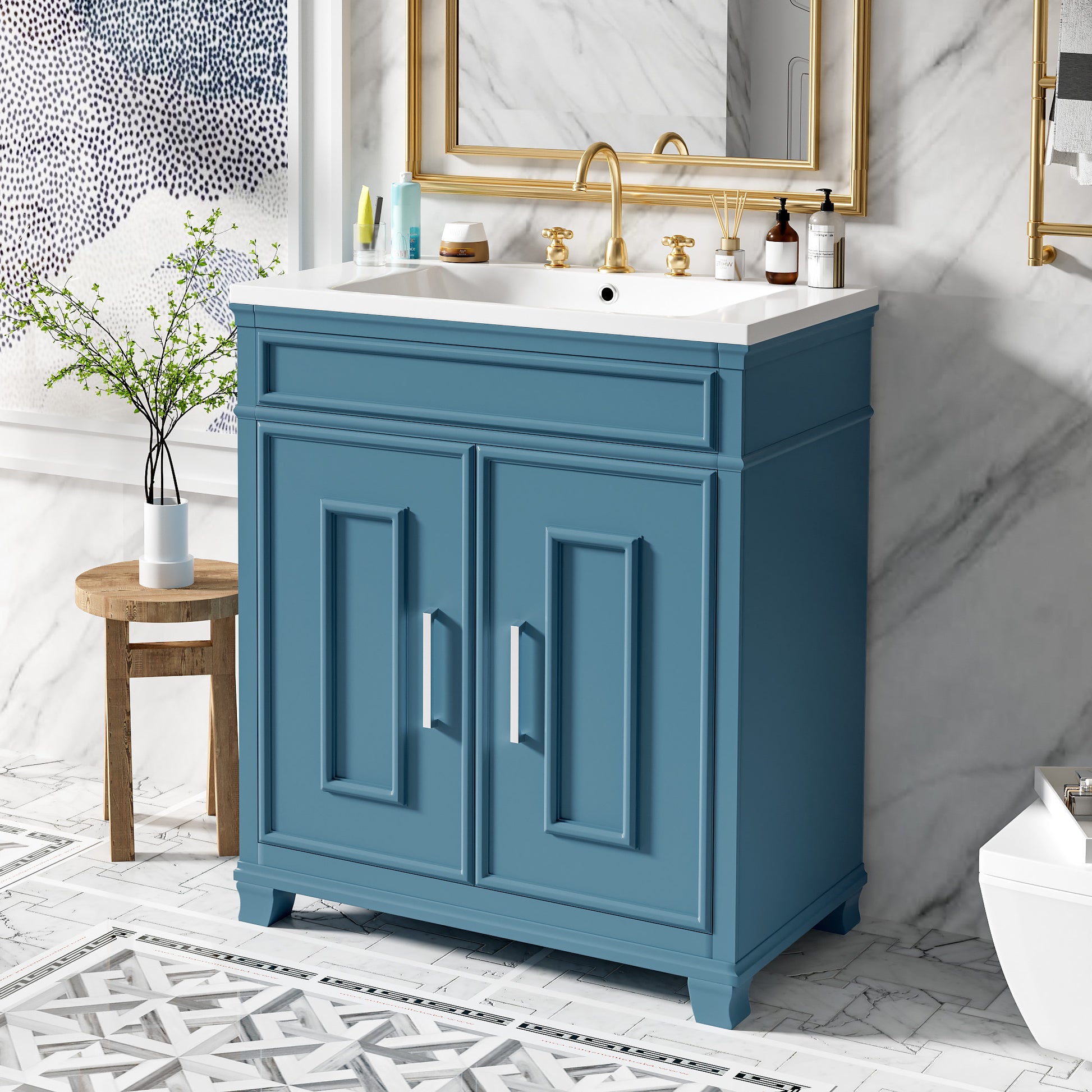 30 Inch Bathroom Vanity With Resin Sink, Freestanding Bathroom Vanity Set With Storage Shelf, Storage Cabinet For Bathroom, Solid Wood Frame Bathroom Cabinet, Blue Blue Bathroom Modern Solid Wood Mdf Resin