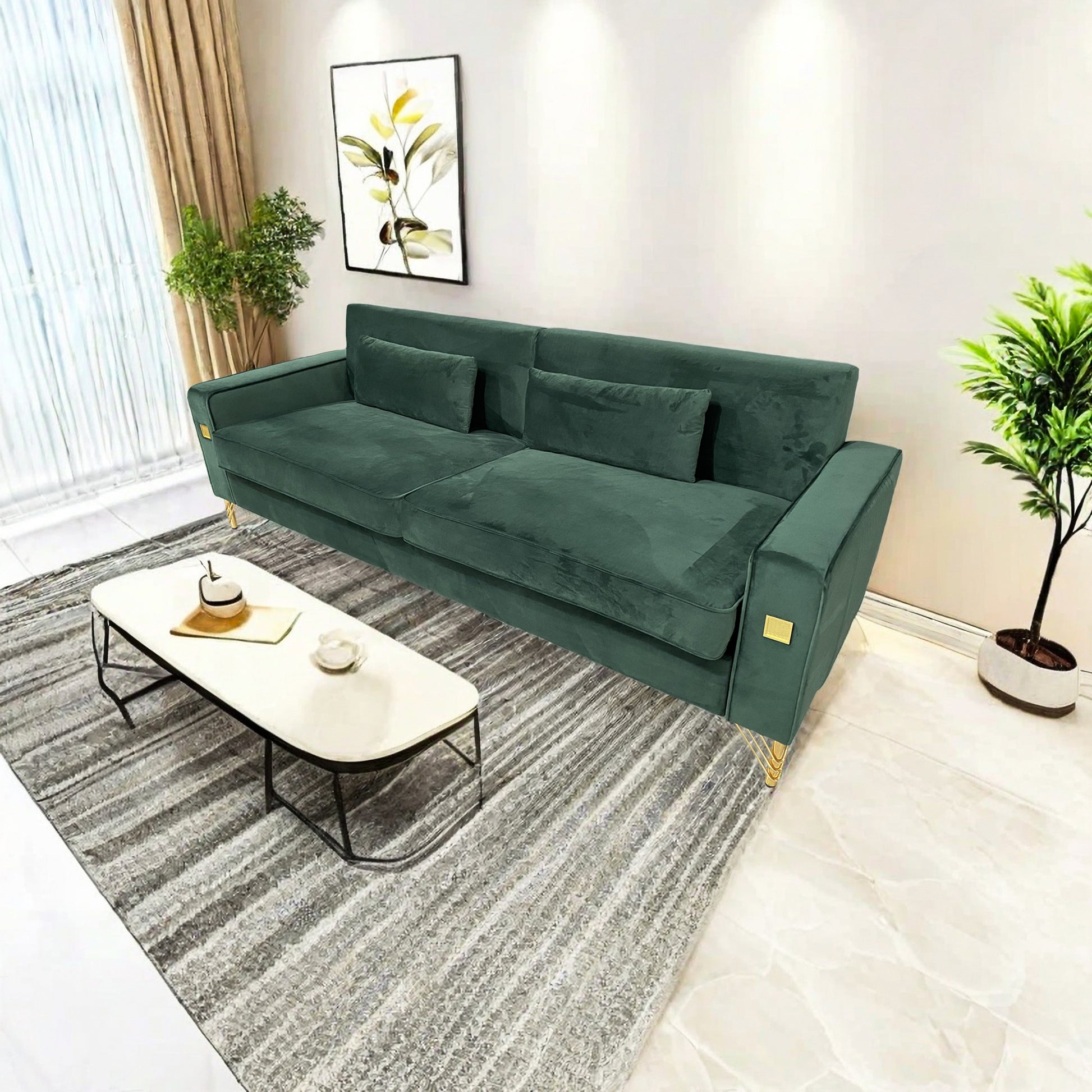 Fx P18 Rg2 Sofa Luxury Emerald Green Velvet Sofa With Gold Accents Modern 3 Seat Couch With Plush Cushions, Perfect For Living Room And Office Decor Retro Green Velvet 2 Seat