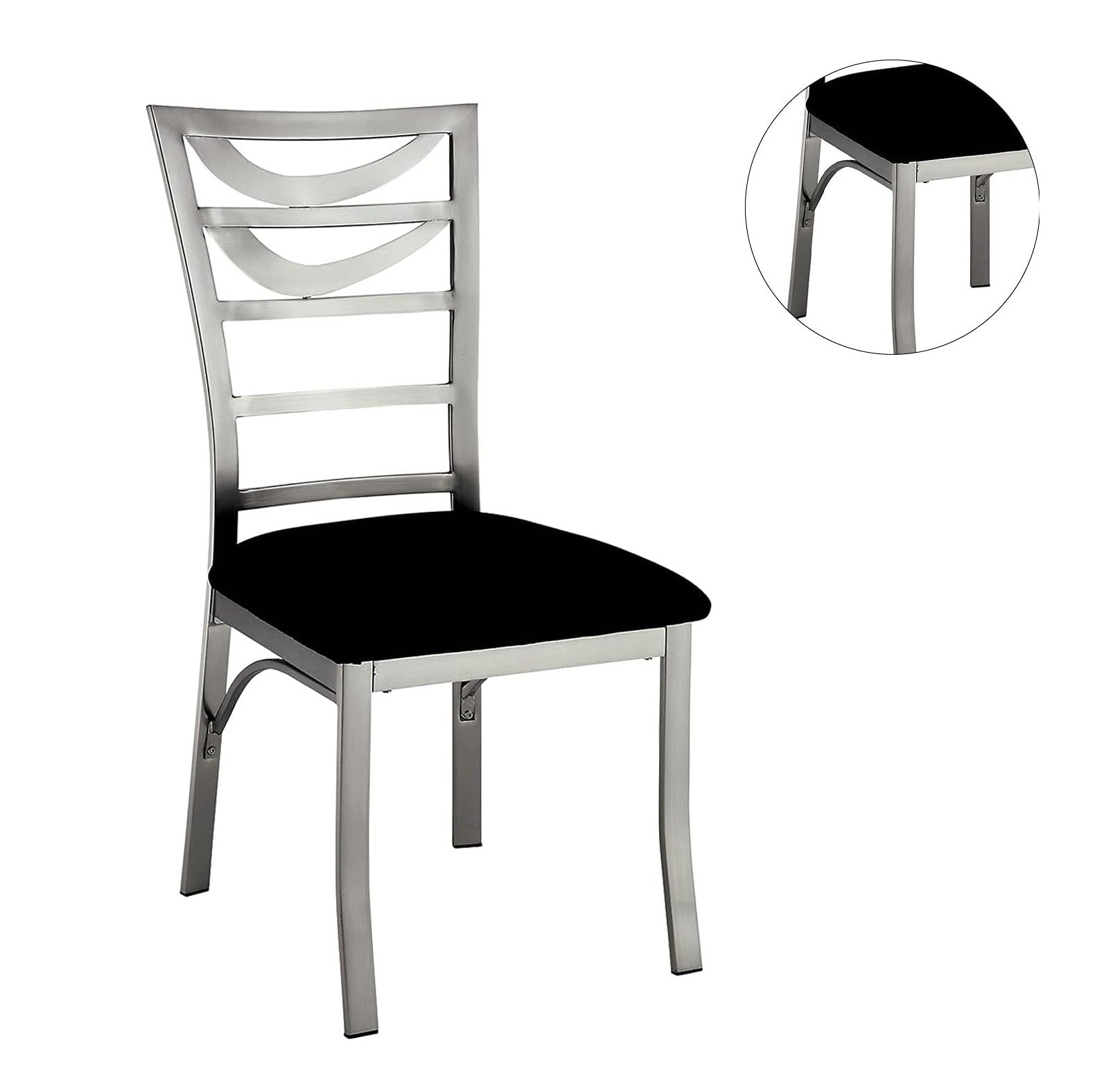 Contemporary Silver Metal 2Pc Dining Chairs Black Microfiber Seat Dining Room Ladder Back Chair Satin Plated Powder Coating Metal Black,Silver Dining Room Powder Coated Contemporary,Modern Side Chair Set Of 2 Metal,Microfiber