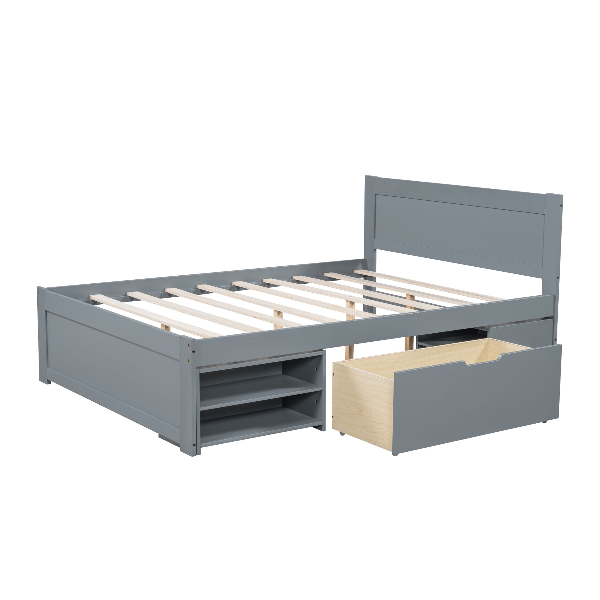 Full Size Platform Bed With Drawer And Two Shelves, Gray Expected Arrival Time: 10.28 Full Gray Mdf Lvl