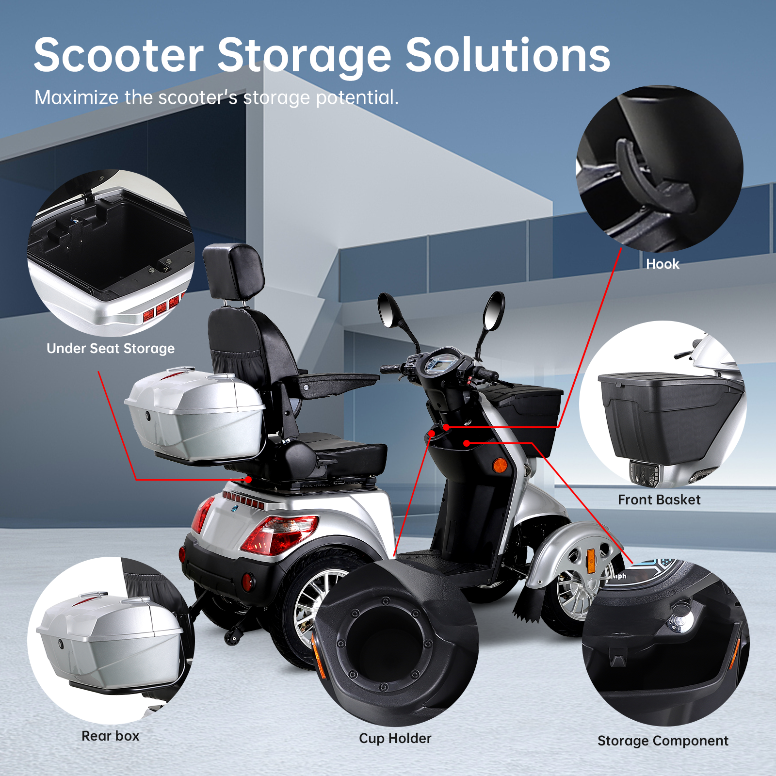 Xl3D4L Electric Mobility Recreational Travel Scooter For Adults,Mobility Scooters For Seniors, 4 Wheel Powered Mobility Scooters Silver Abs Pc Abs Pc