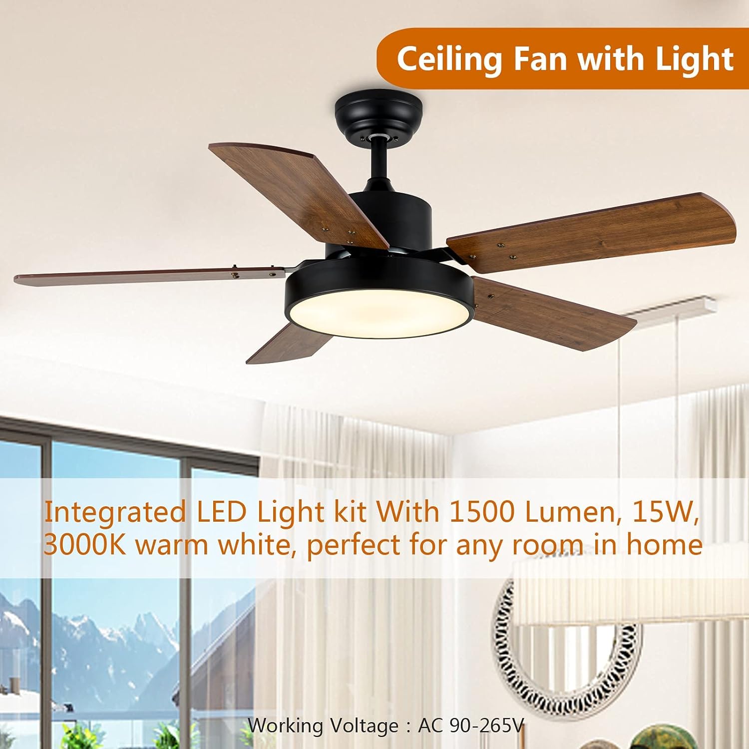 44 Inch Ceiling Fan With Led Light And Remote Control, 6 Speed Modes, 2 Rotating Modes, Timer, Improved Blades Antique Brown Wood