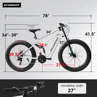 A26309 26 Inch Mountain Bike,Full Suspension 21 Speeds Drivetrain With Disc Brake Mtb Bicycle, 26*4" Fat Tire Bike For Men White Steel