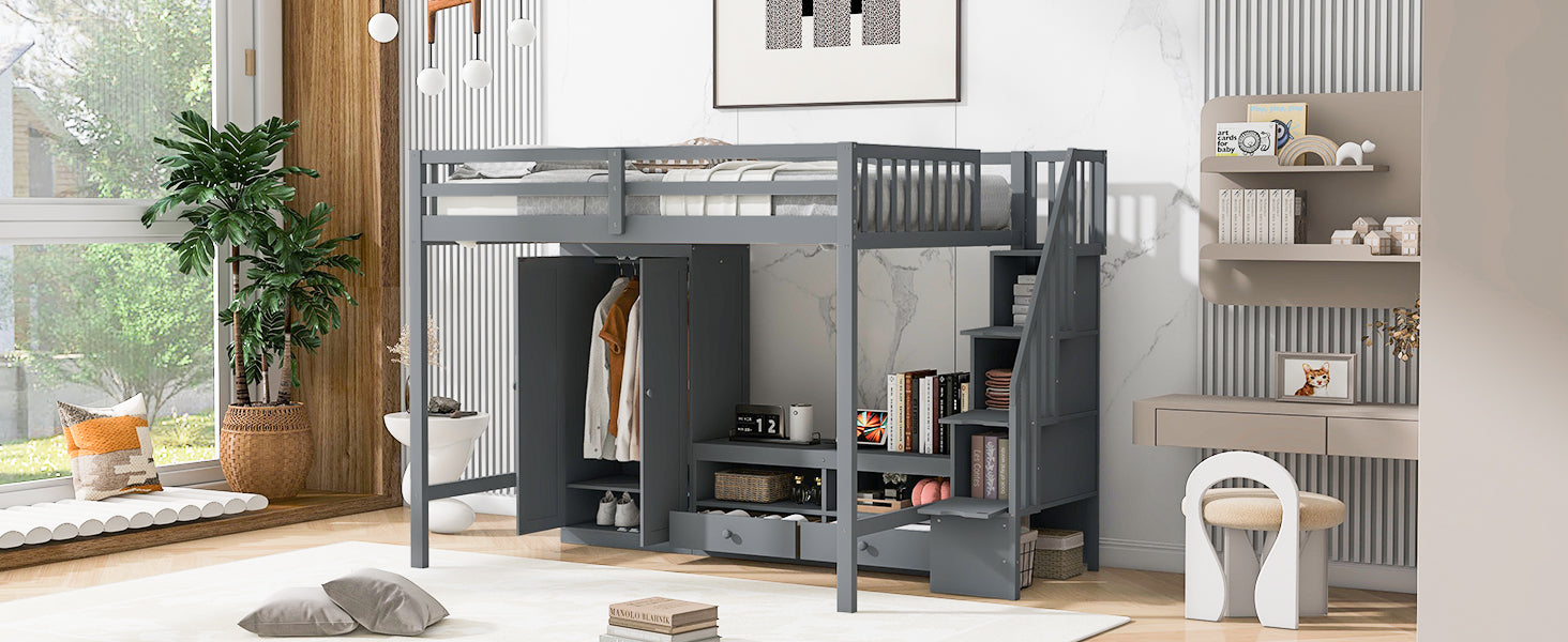 Full Size Loft Bed Frame With Wardrobe,Low Storage Table And Storage Staircase,Gray Expected Arrival Time:10.20 Gray Solid Wood Mdf