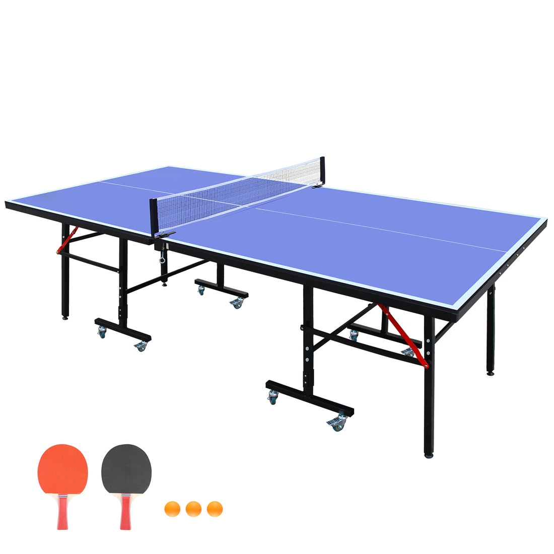 8Ft Mid Size Table Tennis Table Foldable & Portable Ping Pong Table Set For Indoor Games With Net, 2 Table Tennis Paddles And 3 Balls Blue Mdf