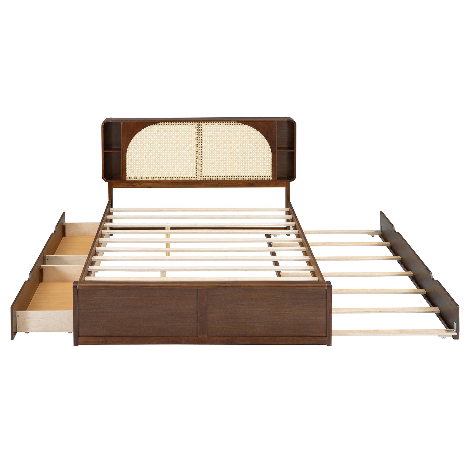 Queen Size Rattan Headboard Bed With Two Drawers And Trundle, Walnut Queen Walnut Solid Wood Mdf