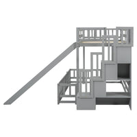 Twin Over Full Bunk Bed With Slide, Storage Staircase, Pine Solid Wooden Bunk Bed With Safety Guardrails ,Grey Grey Pine