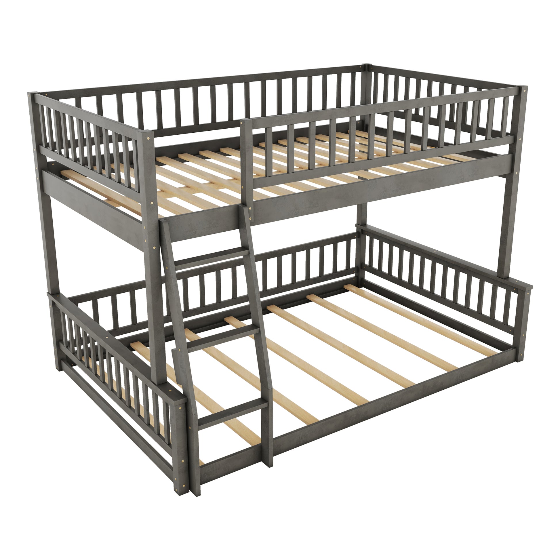 Full Xl Over Queen Bunk Bed With Ladder And Guardrails, Gray Box Spring Not Required Queen Gray Wood Bunk Solid Wood Mdf