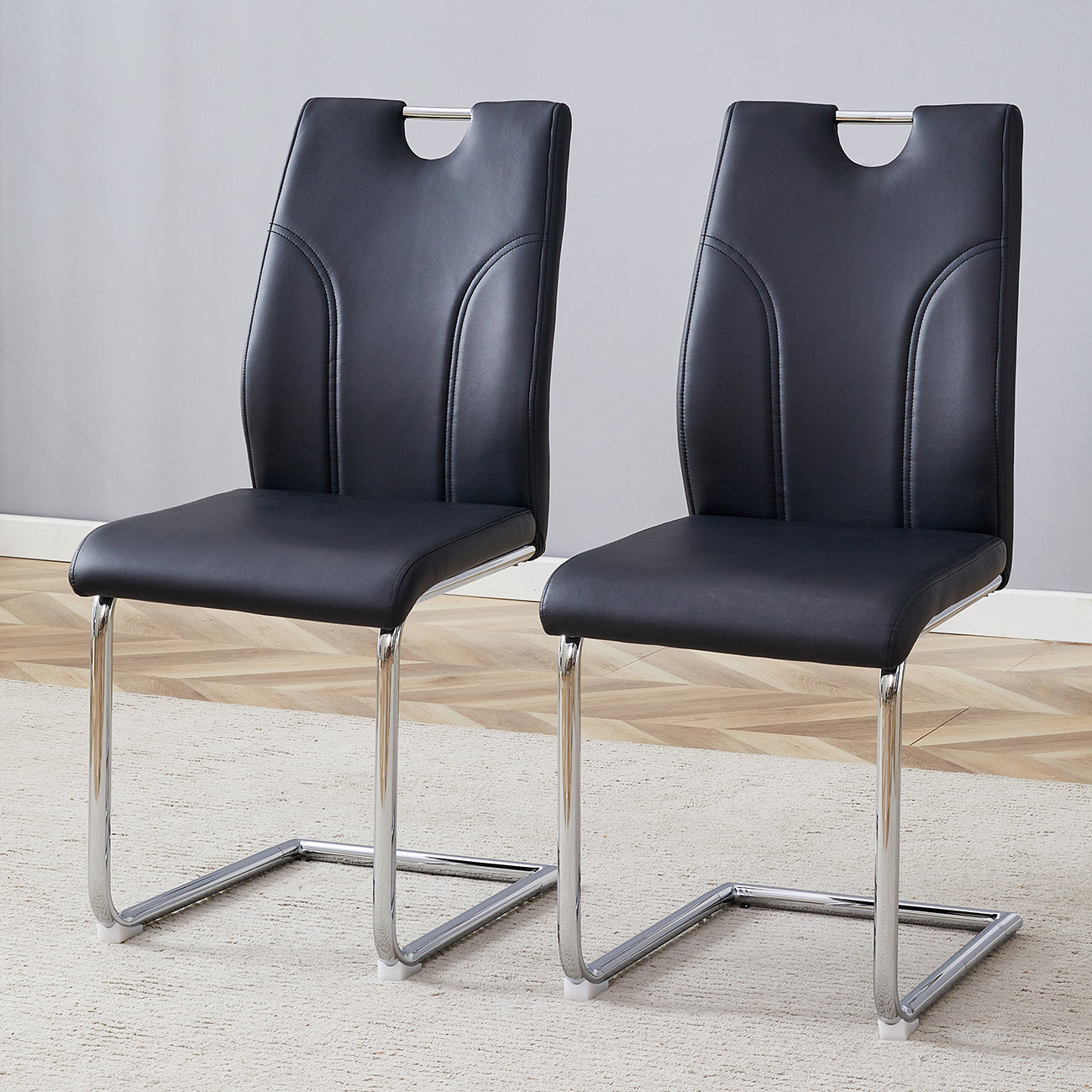 Black Pu Dining Chair Set.Uniquely Designed Black Dining Chairs. Pu Material, Paired With Silver Metal Chair Legs. Suitable For Offices, Restaurants, Kitchens, Conference Rooms, Etc. Set Of 2 Black