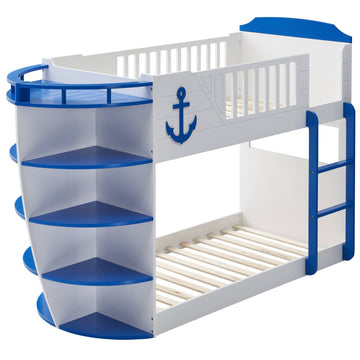 Sky Blue And White Twin Twin Boat Shaped Bunk Bed White Blue White Mdf