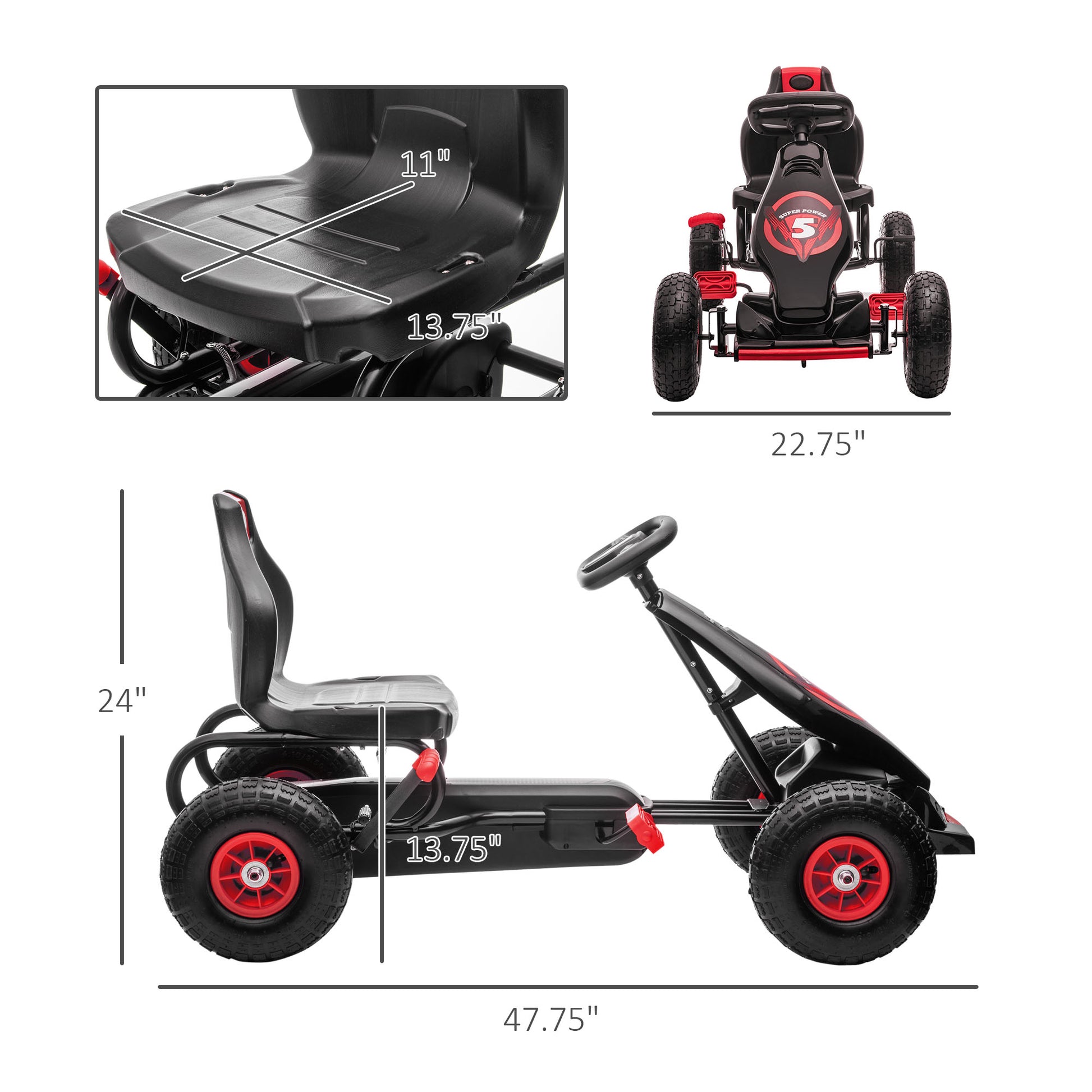 Aosom Kids Pedal Go Kart Ride On Toy With Ergonomic Comfort, Pedal Car With Tough, Wear Resistant Tread, Go Cart Kids Car For Boys & Girls With Suspension System, Safety Hand Brake, Ages 5 12, Red Red Plastic