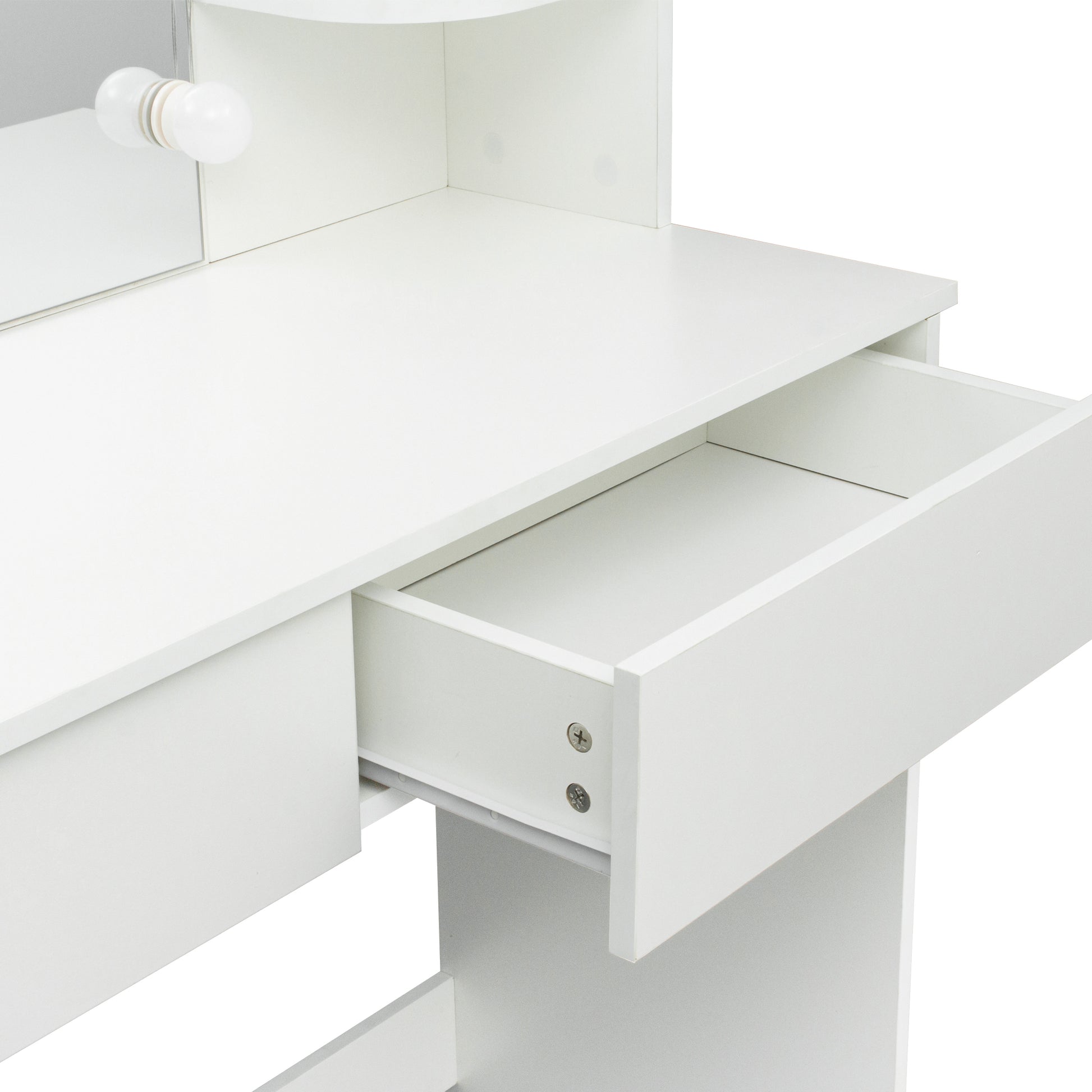 Modern Dressing Table With 2 Drawers, 4 Open Shelves Rectangular Makeup Table With Mirror, 10 Lamp Bulb,42.52*15.75* 52.76Inch,For Bedroom White Particle Board Mdf