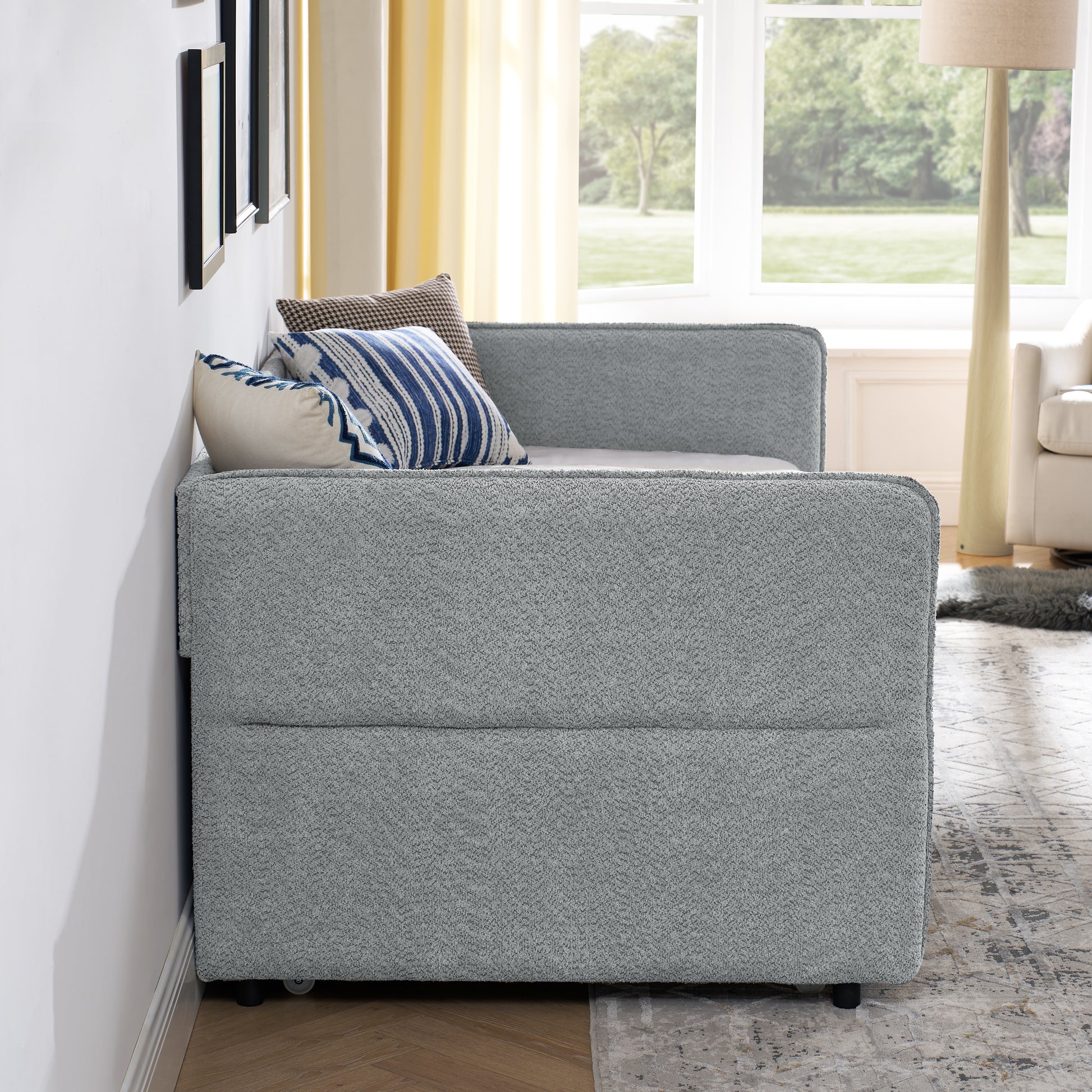 Daybed With Trundle Upholstered Tufted Sofa Bed, Twin Size, Boucle Fabric, Grey 83"X43"X29.5" Grey Boucle