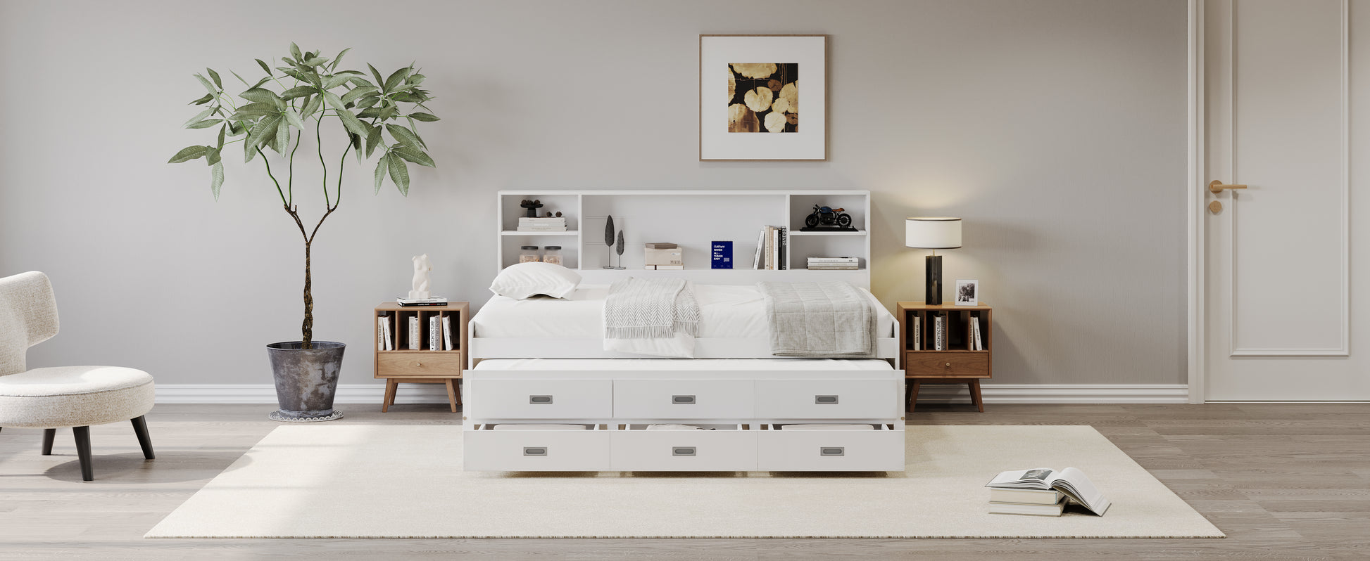 Twin Size Captain Daybed With Storage Bookcase Headboard,Captain Bed With Trundle And Three Storage Drawers For Kids Teens Dorm Bedroom Multipurpose Guest Room Or Home, White Box Spring Not Required