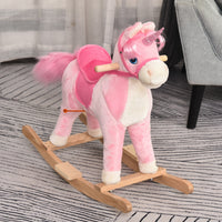 Qaba Rocking Horse, Kids Ride On Horse Unicorn Design With Wooden Base, Tail Wag & Sounds For Toddlers 3 6 Years Old, Pink Pink Plush