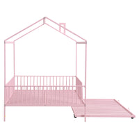 Full Size Metal House Bed With Fence, With Trundle, Pink Full Pink Metal