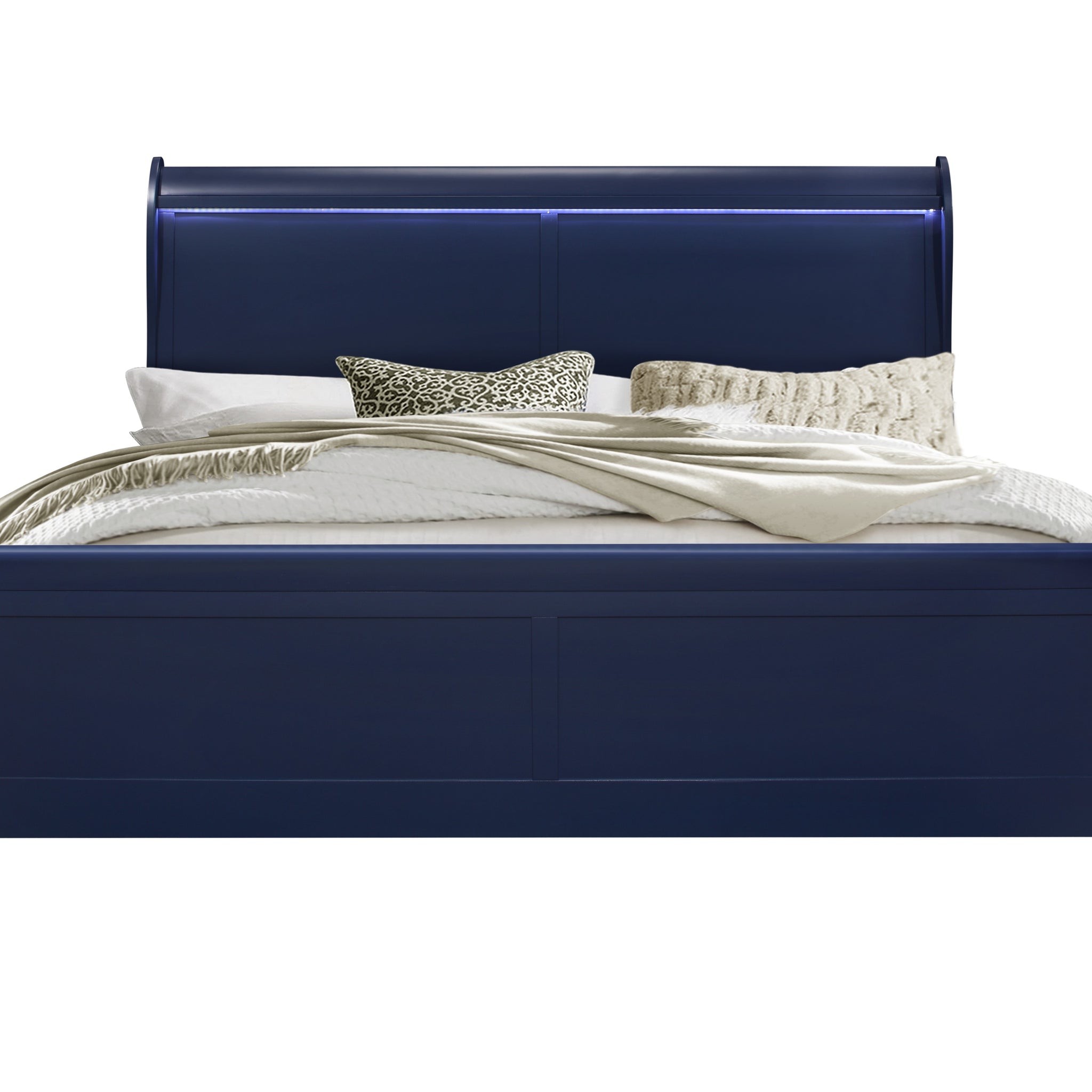 Charlston Blue King Bed With Led Blue Solid Wood Mdf