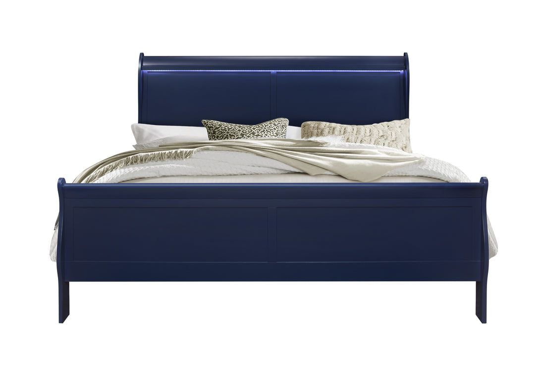 Charlston Blue King Bed With Led Blue Solid Wood Mdf