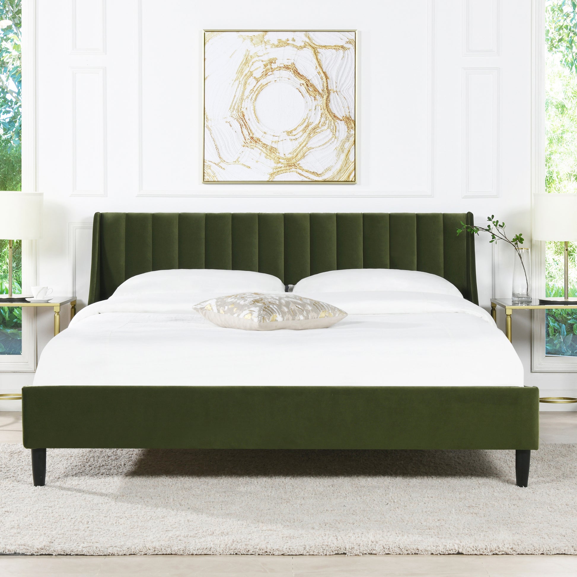 Aspen Vertical Tufted Headboard Platform Bed Set, King, Olive Green Performance Velvet Box Spring Not Required King Olive Green Wood Foam Velvet Velvet