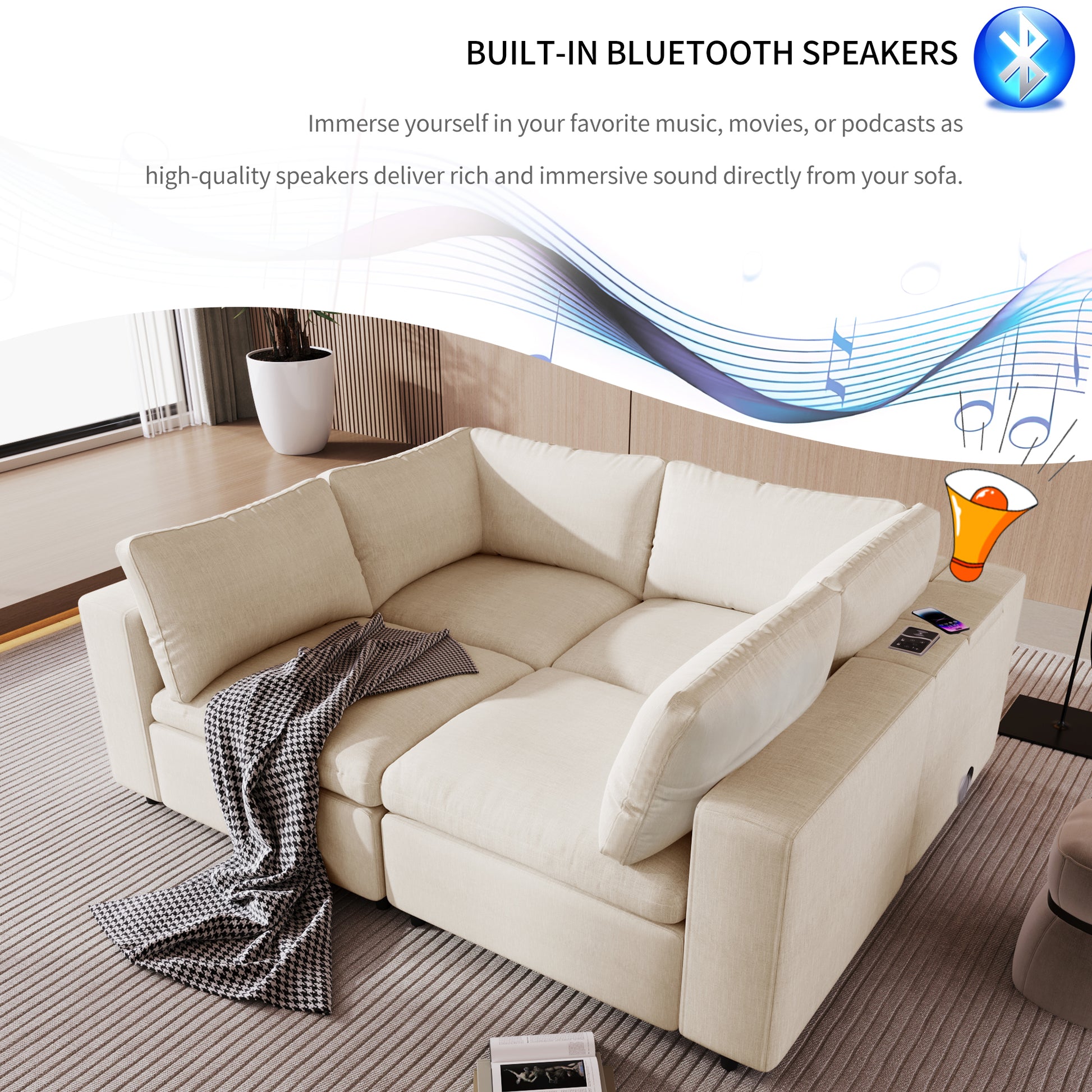 Upholstered Modular Sofa With With Storage Space, Usb Charge Ports,Wireless Charging And Built In Bluetooth Speaker In Arm,Sectional Sofa For Living Room Apartment. Old Sku:Wy000317Aaa Beige