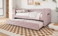 Twin Size Upholstered Velvet Tufted Daybed With Trundle, Pink Box Spring Not Required Twin Pink Wood Daybeds Velvet Solid Wood Mdf,Velvet