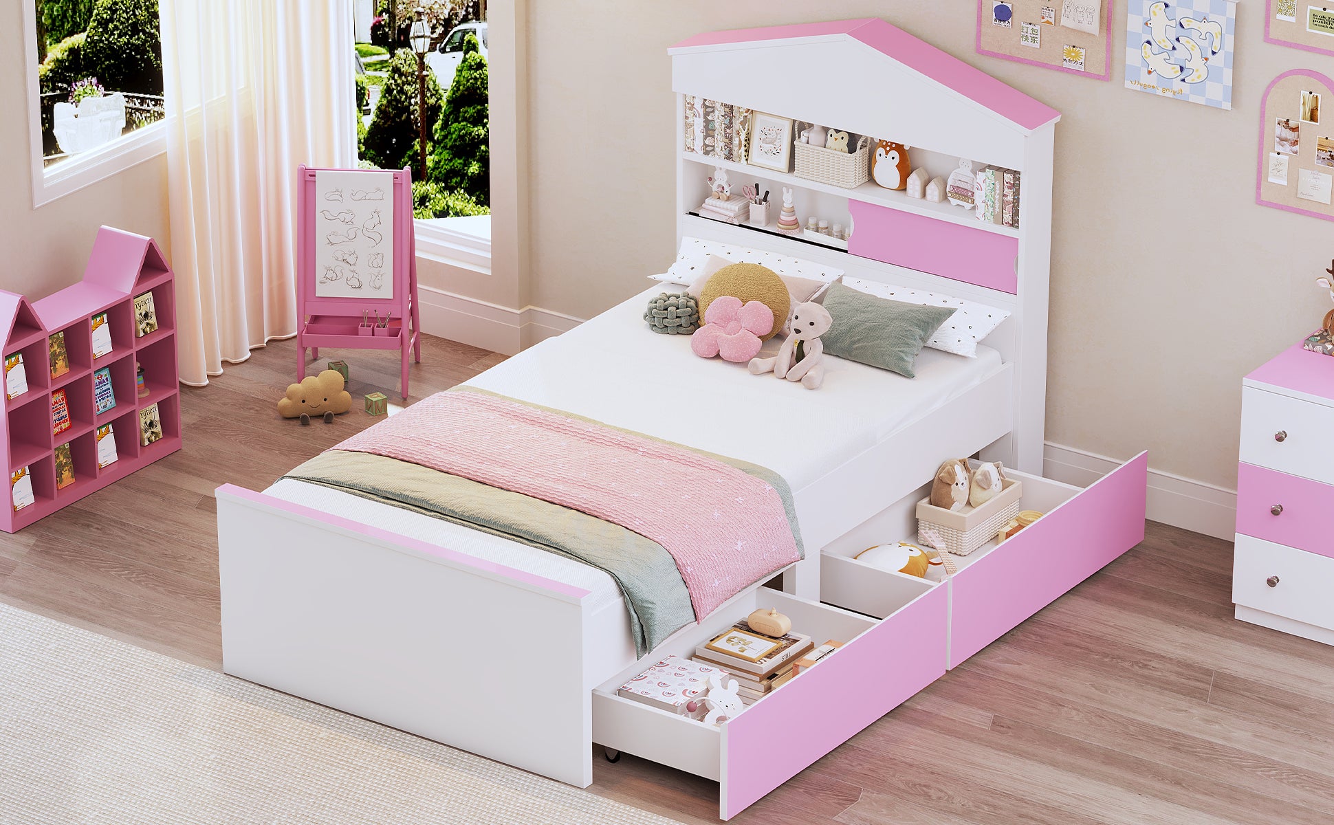 Twin Size House Shaped Wooden Bed With Storage Shelf On The Headboard, Built In Two Storage Drawers, Pink Pink White Wood