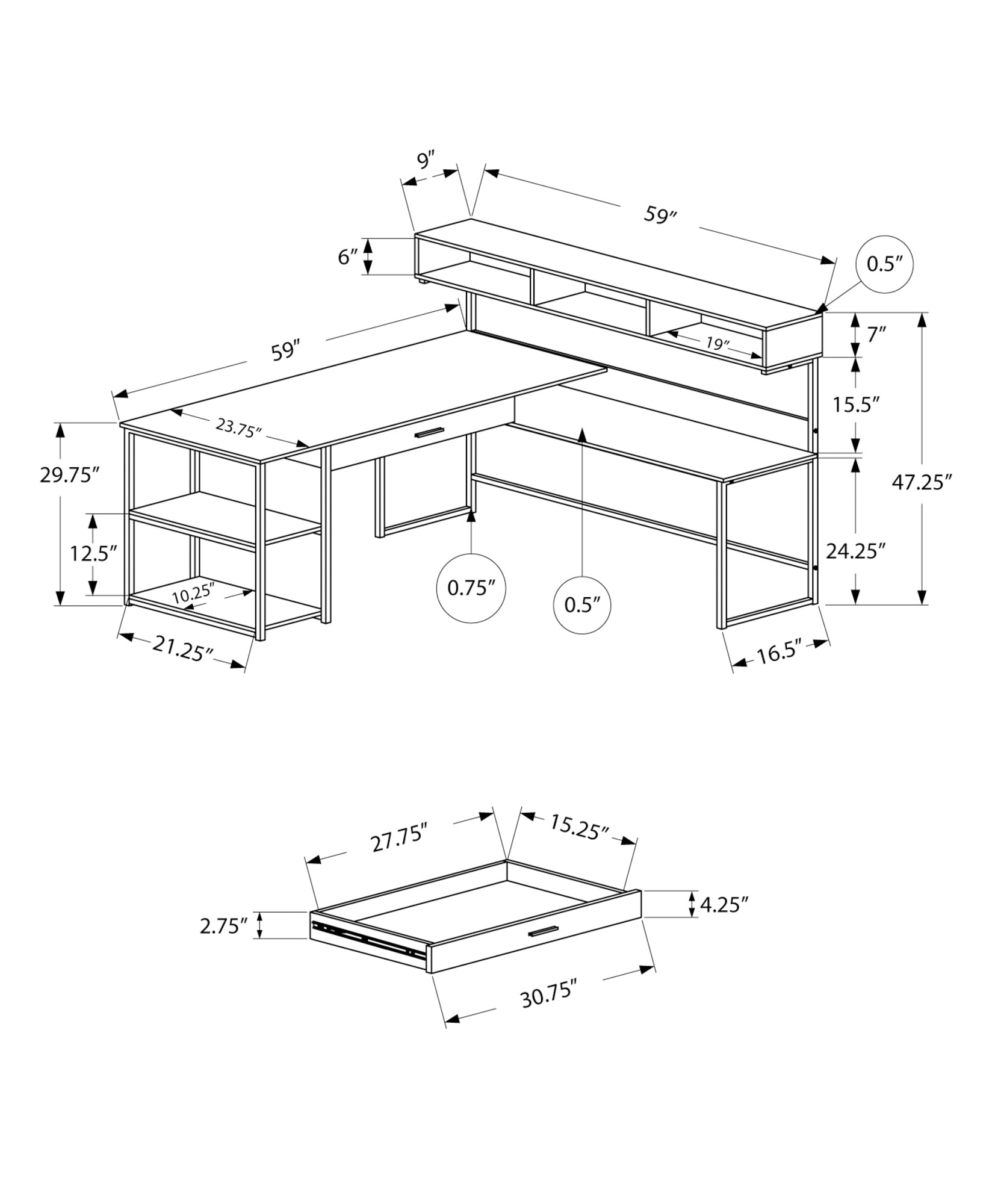 Computer Desk, Home Office, Corner, Storage Drawers, L Shape, Work, Laptop, Grey Laminate, Black Metal, Contemporary, Modern Grey Mdf