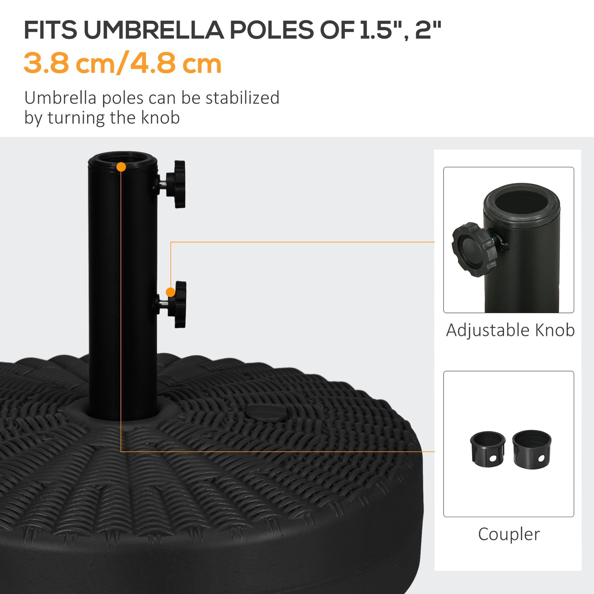 Outsunny 64 Lbs. Fillable Umbrella Base With Steel Umbrella Holder, Round Umbrella Stand For 1.5" Or 2" Umbrella Poles, Heavy Duty For Outdoor, Lawn, Deck, Poolside, Black Black Hdpe