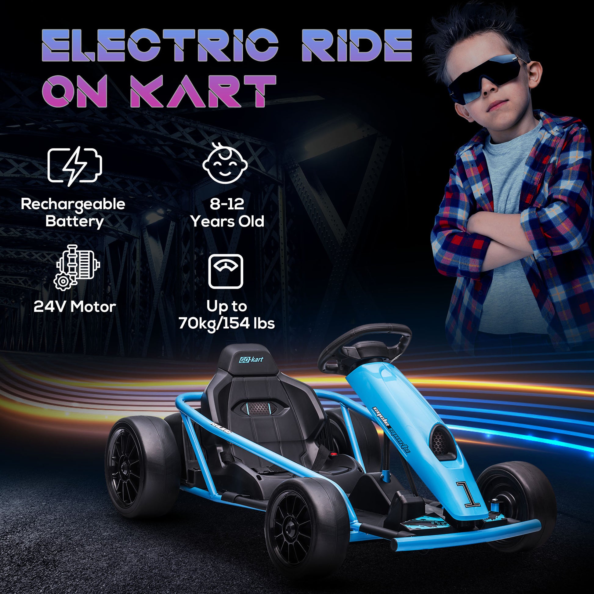 Aosom 24V 8.1 Mph Electric Go Kart, Drifting Car Battery Powered Ride On Toy Outdoor With Slow Start, Music, Horn Honking And Safety Belt, For 8 12 Years Old, Blue Blue Plastic