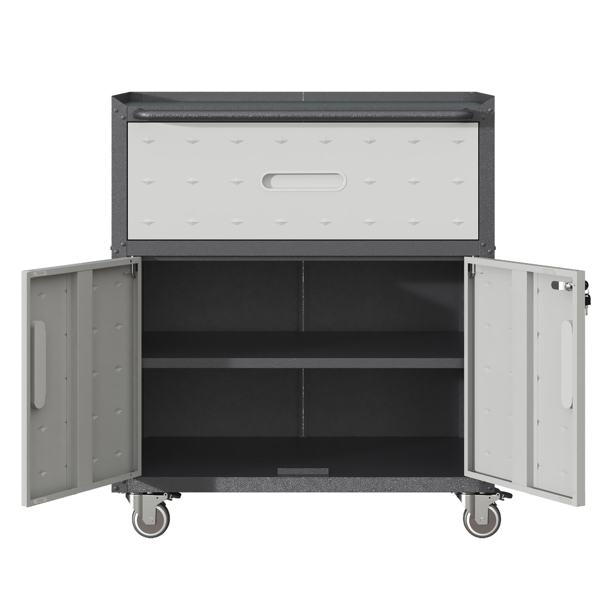 Sturdy And Durable Metal Tool Cabinet For Garage With Wheels Mobile Heavy Duty Storage Cabinet With 1 Drawer And 2 Locking Doors, Rolling Tool Storage Cabinet, Black And Gray Black Gray Steel