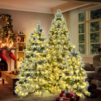 Pre Lit Spruce Snow Flocked Xmas Tree Set 4Ft, 6Ft, 7.5Ft With Pine Cones, Pe & Pvc Mixed Leaves, Artificial Hinged Xmas Tree With 820 Led Lights & 11 Flashing Modes, Perfect For Holiday Decoration White Green Polyethylene,Pvc