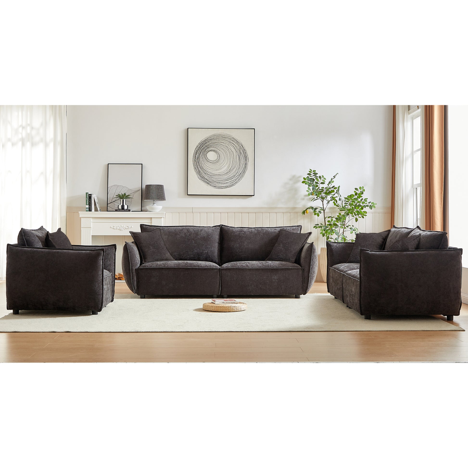 3 Seater 3 Seater 1 Seater Combo Sofa Modern Living Room Sofa, Linen Fabric Sofa, Wooden Frame With 5 Pillows, Apartment Sofa Furniture Black Linen Wood Primary Living Space Pine Foam Fabric 7 Seat