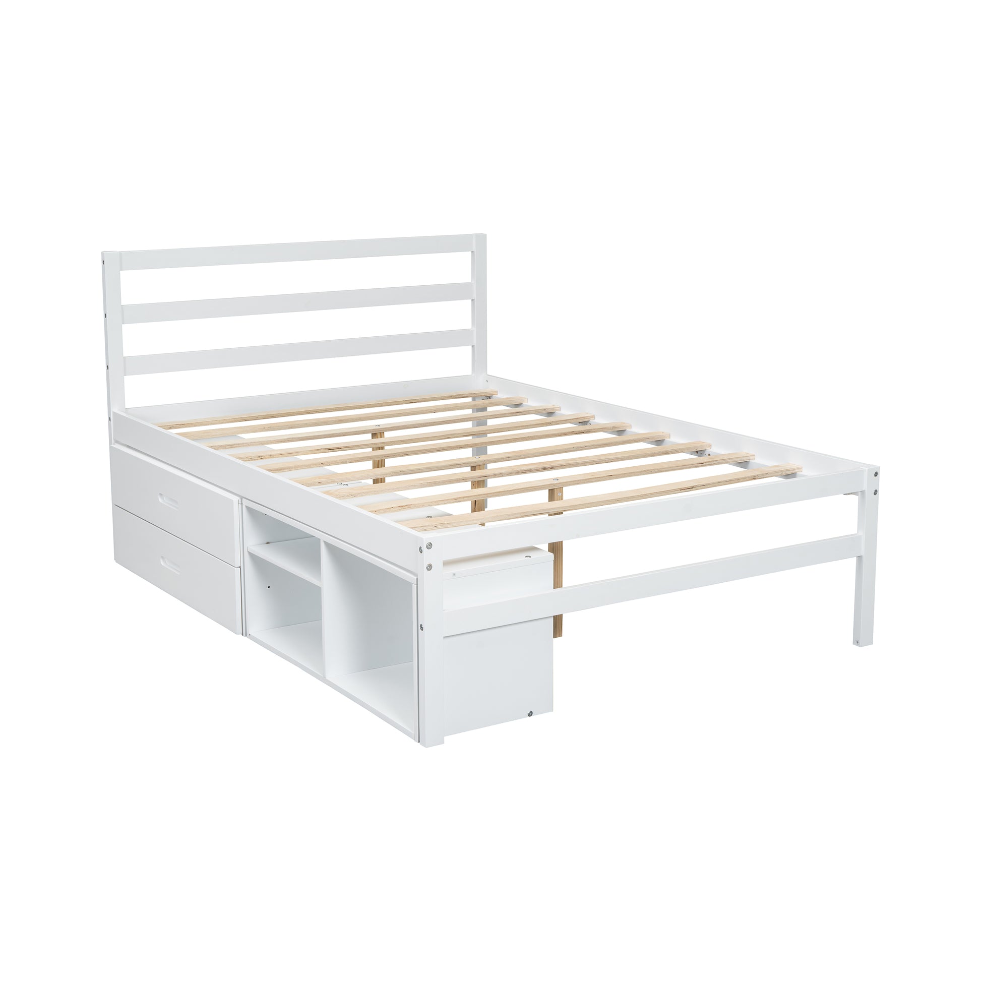 Full Size Wood Platform Bed With Removable Storage Shelves, Built In Two Storage Drawers For Added Convenience, White Full White Wood