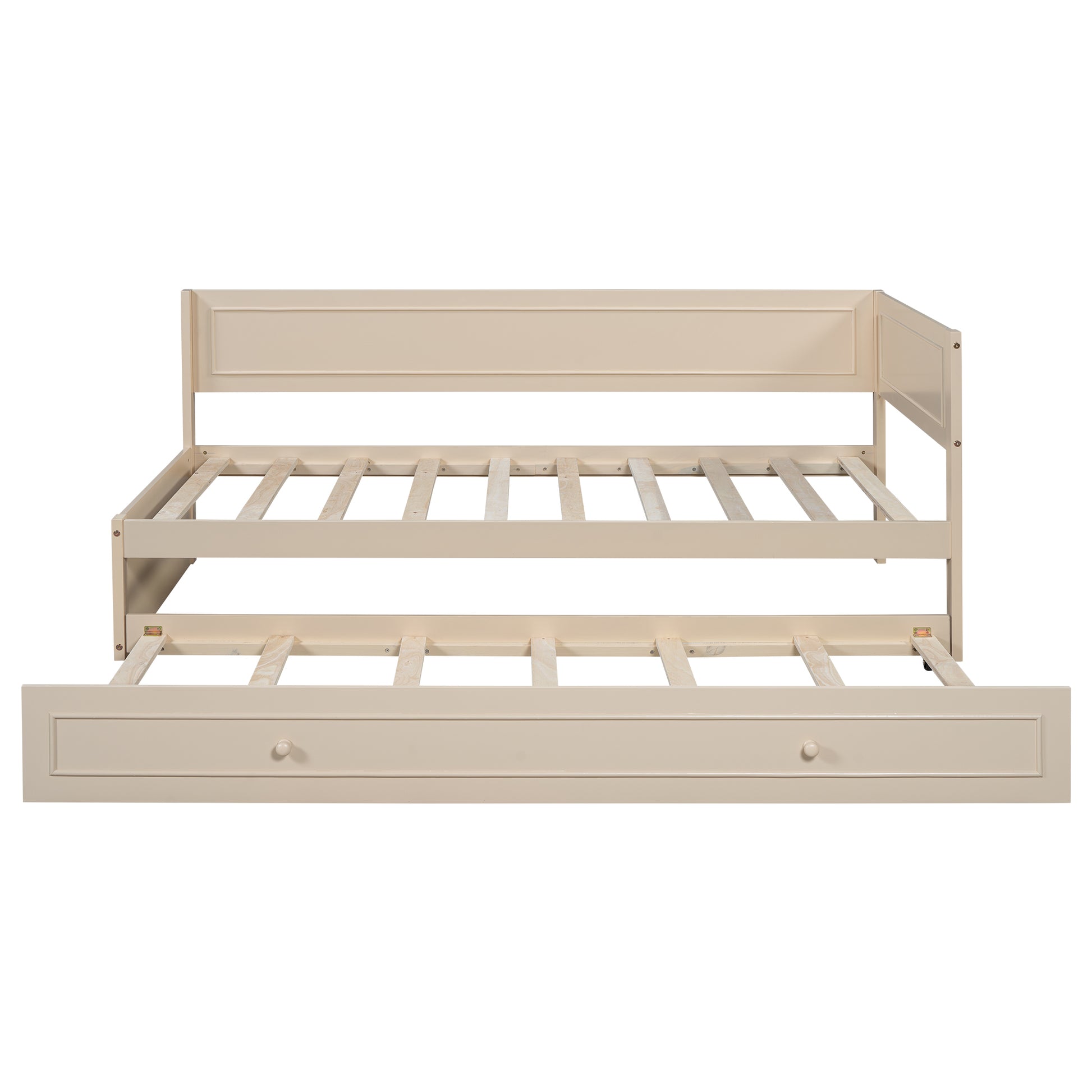 Twin Size Wood Daybed With Trundle And Guardrail, Beige Box Spring Not Required Beige Wood Solid Wood Mdf